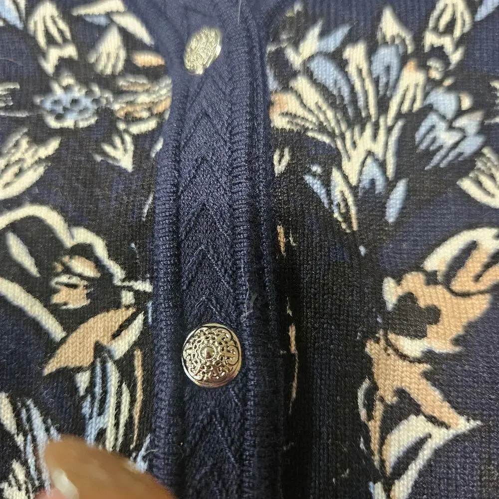 White House Black Market Floral Knit Cardigan Sweater Navy Blue Size XL